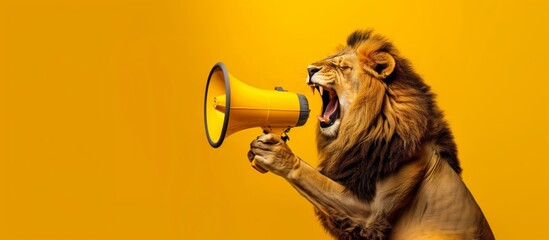 Lion roaring into megaphone on yellow background