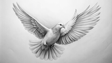 Obraz premium A Detailed Black And White Sketch Of A Dove In Flight, Drawn On Paper With Pencil.