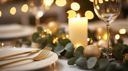 White Christmas Backgrounds. Festive Christmas Place Setting with Gold Decoration and Eucalyptus