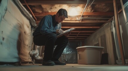 A man examines notes while crouched in a dimly lit basement filled with construction materials and storage items