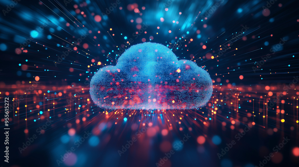 Aufkleber Cloud computing technology with glowing cloud symbol and data transferring through network