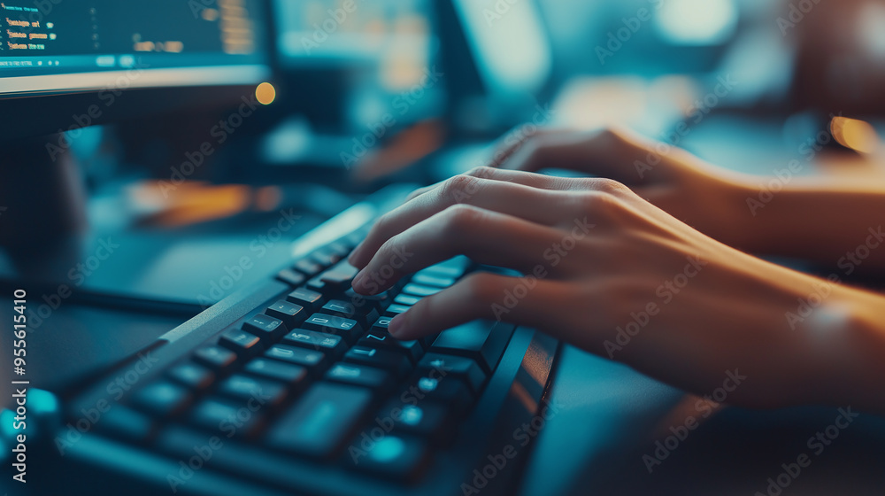 Poster Software developer programming late into the night using computer keyboard