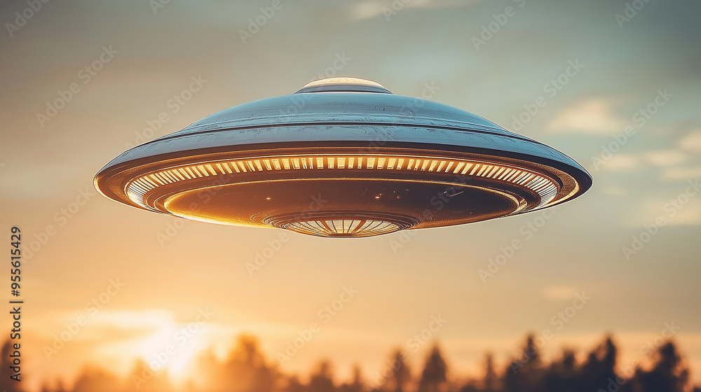 Poster Unidentified flying object hovering over forest at sunset