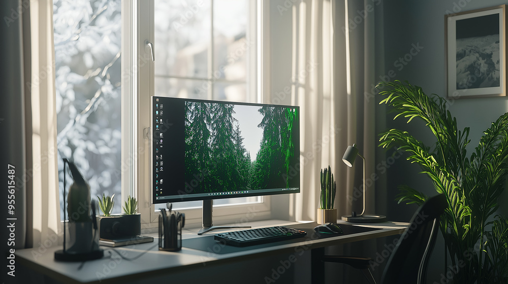 Aufkleber Modern home office setup with computer displaying a relaxing forest view