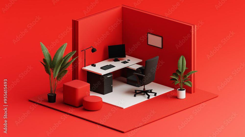Poster Modern minimalistic office space with red walls isometric view 3d rendering