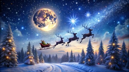 Fototapeta premium A Festive Winter Scene With Santa'S Sleigh And Reindeer Flying Through The Night Sky Under Sparkling Stars.