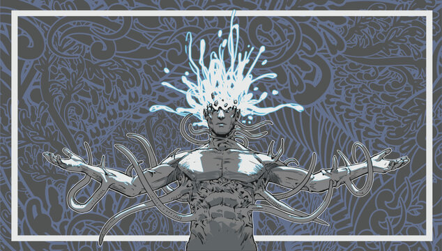 Fototapeta A graphic representation of a head featuring both cyborg head and machine elements, depicting a futuristic mask in a high-tech context.