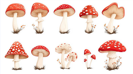 Illustration, set of Fly agaric isolated on white background, design for nursery. Fly agaric design for children&rsquo;s book, school, education. Design element for autumn mockup.