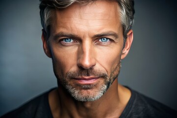 Fototapeta premium A handsome middle-aged male model with piercing bright blue eyes, chiseled facial features, and a slight smile, gazing