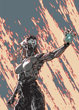 Fototapeta A futuristic graphic of a female cyborg character in a dynamic pose, spreading her arms and emitting powerful light from her hand.