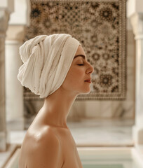 Fototapeta premium Young beautiful woman in hamam, self-care and tranquility