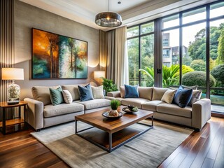 An Elegantly Furnished Living Room With A Modern Aesthetic, Featuring A Plush Sofa, Abstract Artwork, And Large Windows