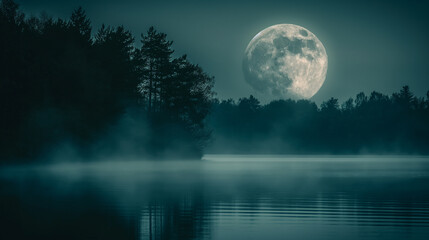 Fog is covering a lake surrounded by forest under the light of a full moon