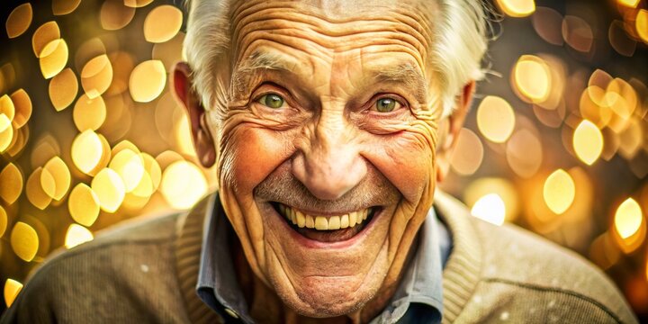 A playful, wrinkled senior smiles broadly, showcasing a gap-toothed grin, warm eyes, and a twinkle of mischief,