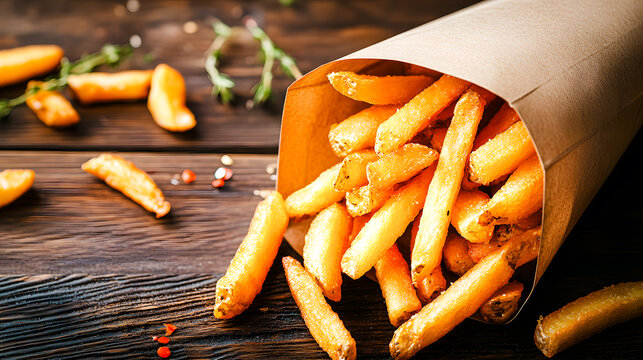 Cornet de frites sur table en bois