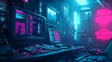 Webpage with Neon Glitch Holographic Interfaces and High Tech Panels