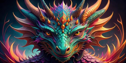 A Regal Dragon Head In Vibrant Colors, With Intricate Scales, Horns, And A Piercing Gaze, Perfect For Branding