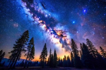 Naklejka premium A serene and majestic celestial landscape featuring a vibrant Milky Way galaxy sprawled across a dark blue sky,