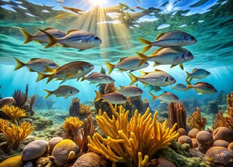 A serene underwater scene featuring a school of fish swimming together in unison, surrounded by vibrant coral and