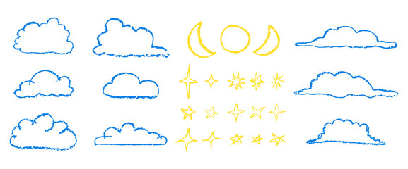 Set of hand drawn by wax pencil clouds stars and moon. Collection of writing by children pastel outline night sky elements. Blue fluffy clouds in doodle style with grunge texture. Vector illustration.