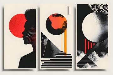Obraz premium Abstract Triptych Featuring Silhouetted Profile and Geometric Elements
