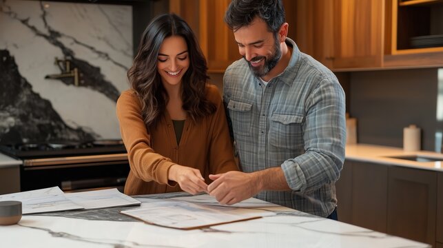 Couple discussing home design plans together in a modern kitchen during the afternoon