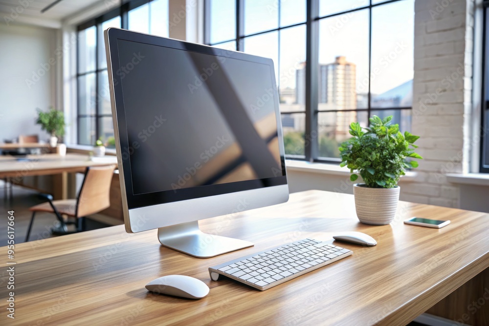 Poster a sleek, modern desktop computer with a large monitor, keyboard, and mouse, amidst a clutter-free wo