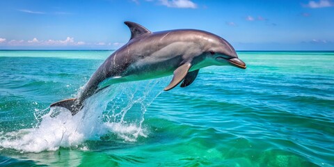 Fototapeta premium A sleek gray dolphin breaches the calm turquoise ocean water, its dorsal fin slicing the surface as it