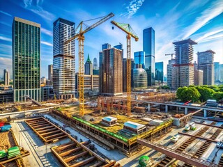 Fototapeta premium A sprawling cityscape with cranes, excavators, and scaffolding amidst a maze of steel beams, concrete slabs, and