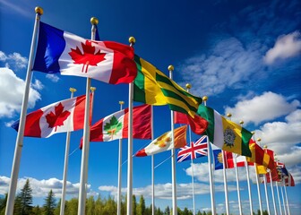 Assortment Of Brightly Colored Provincial Flags Of Canada Waving In The Wind