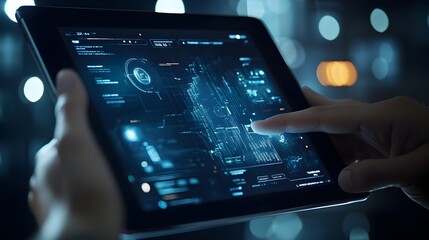 Sleek Augmented Reality Interface on Tablet with Holographic Projections and Dynamic Data