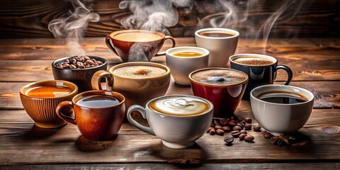 Obraz premium A Variety Of Coffee Cup Sizes Filled With A Steaming Beverage And Arranged On A Wooden Table