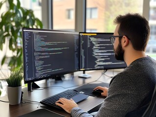 Proficient Programmer Streamlining Website with API and Dual Monitor Setup for Enhanced Productivity