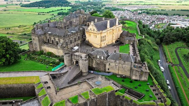 Aerial view of a Scottish castle, former Renaissance royal palace, with a great hall. Medieval castle of Stirling Castle located on top of a hill, Scotland.