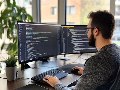 Proficient Programmer Streamlining Website with API and Dual Monitor Setup for Enhanced Productivity