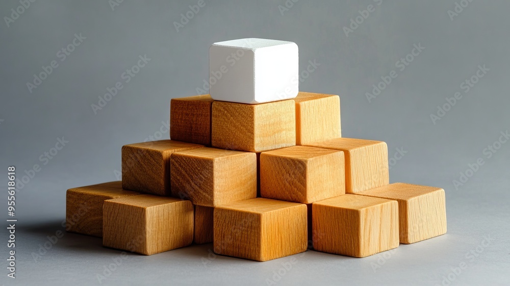 Poster a stack of wooden blocks with a white block on top. the blocks are arranged in a pyramid shape