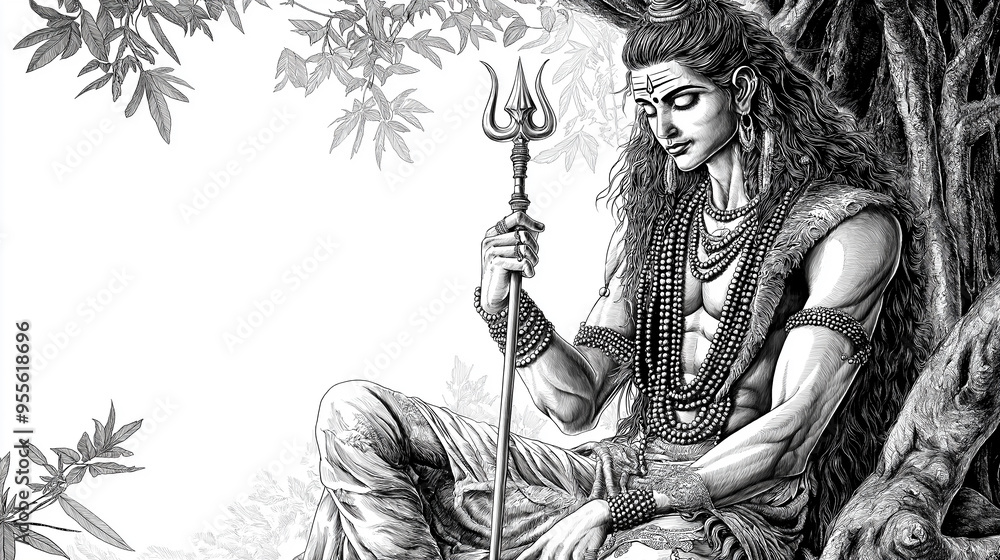 Wall mural hindu god shiva holding trishul sitting under tree black and white illustration