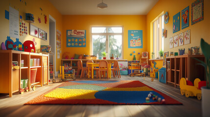 Empty kindergarten classroom interior with sunlight shining through window