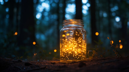 Mason jar filled with fairy lights glowing in the forest at night