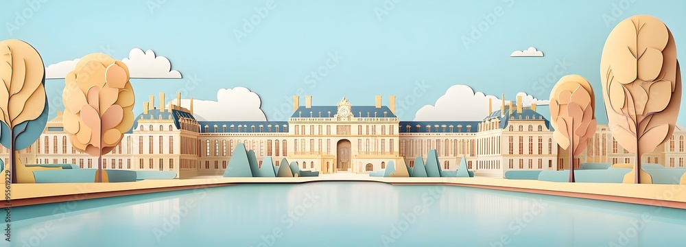 Poster 34. **design a 3d paper cut of the palace of versailles with its opulent architecture and gardens, w