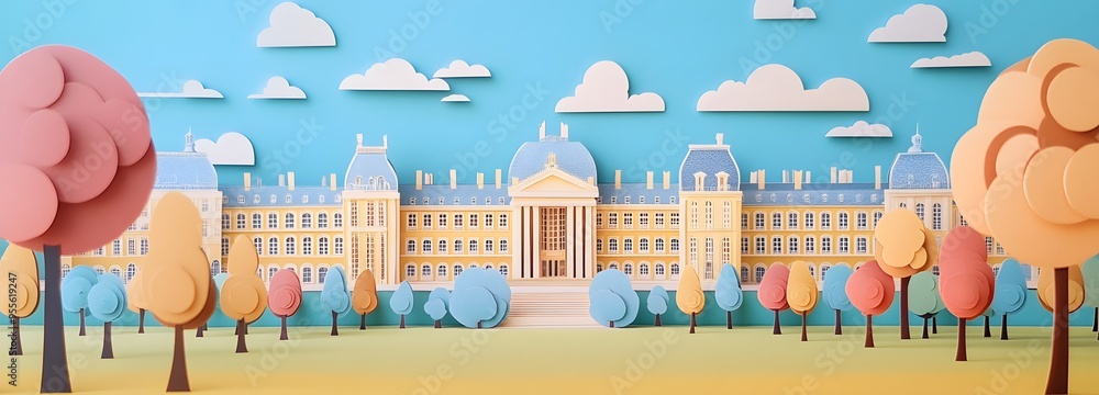 Poster 34. **design a 3d paper cut of the palace of versailles with its opulent architecture and gardens, w