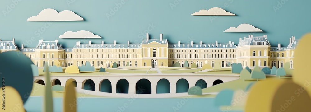 Poster 34. **design a 3d paper cut of the palace of versailles with its opulent architecture and gardens, w