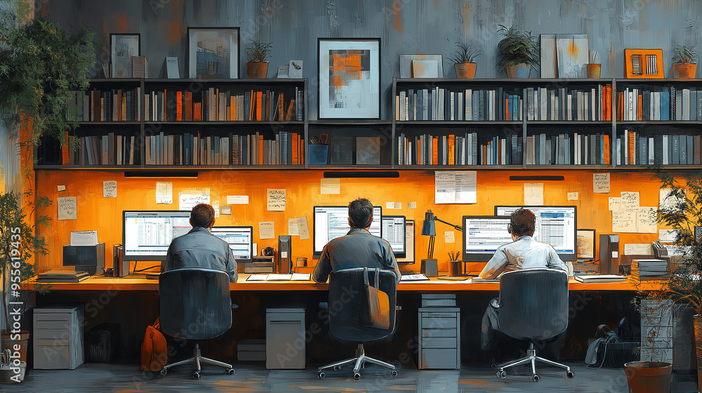 Poster programmers working late night in office with yellow wall