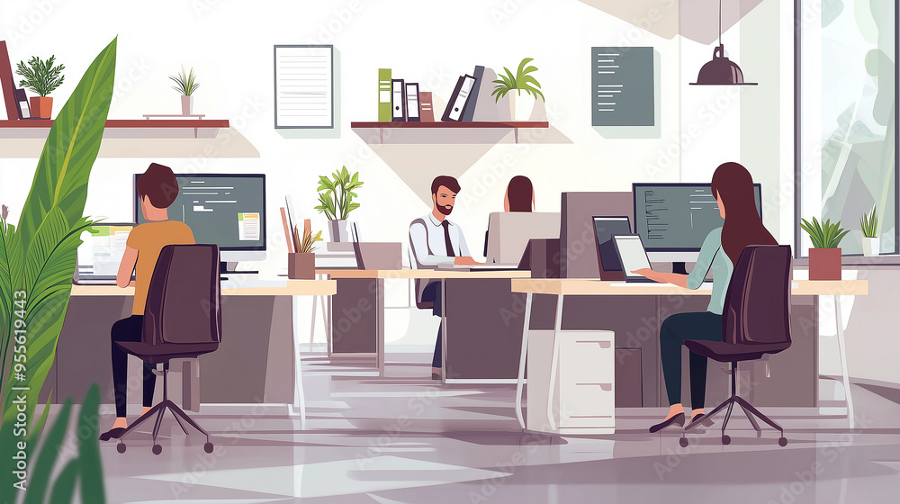 Poster Software developers working on computers in a bright and spacious office
