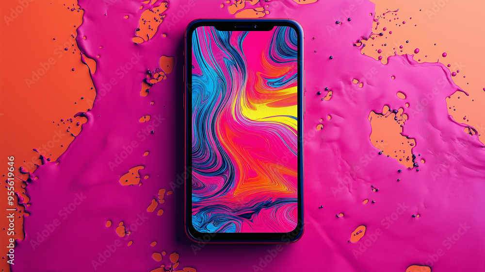 Poster smartphone showing abstract colorful background surrounded by pink and orange paint