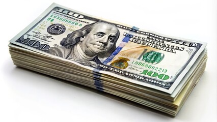 Close-Up Of American One Hundred Dollar Bills Arranged In A Stack Against A White Background