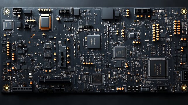 Vector illustration of complex computer motherboard showcasing chips circuits and various electronic components