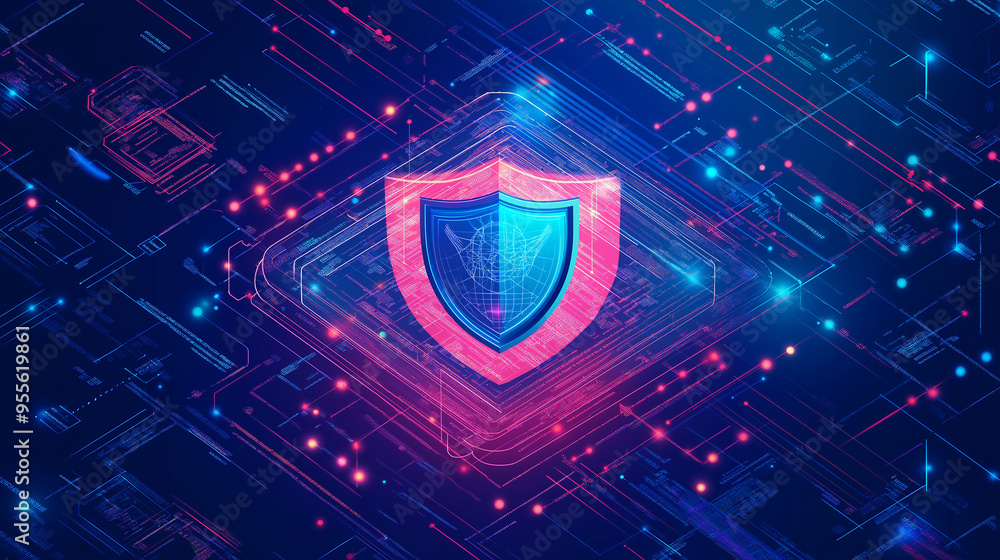 Poster Cybersecurity shield protecting computer network from cyber attacks