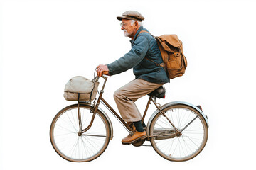 Fototapeta premium Senior man riding bicycle with backpack and basket