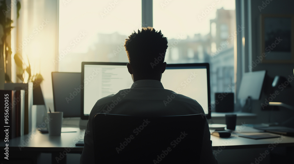 Poster Programmer is working late, coding on his computer